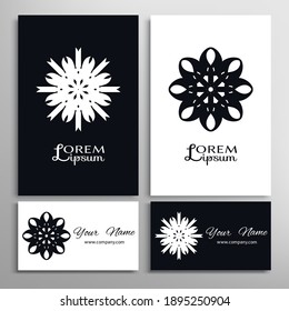 Black and white geometric symbol round pattern. Business card set. Mandala line ornament.  Isolated design element for logo, icon, label, emblem. Tribal ethnic decoration, stylized flower