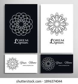 Black and white geometric symbol round pattern. Business card set. Mandala line ornament.  Isolated design element for logo, icon, label, emblem. Tribal ethnic decoration, stylized flower