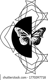 black and white geometric tattoo illustration with butterfly on semicircle
