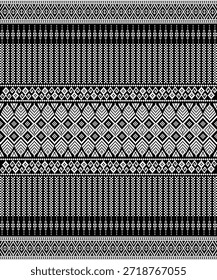Patrón textil geométrico en blanco y negro inspirado en el tejido tradicional de seda tailandés. Diseño de tela étnica sin costuras con motivos tribales repetitivos, adecuado para la moda, el fondo, el Fondo de pantalla y el uso decorativo cultural.