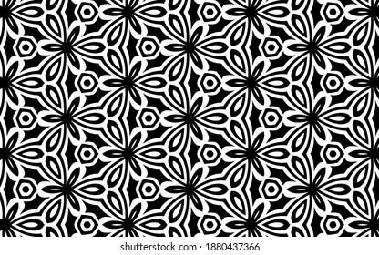Black white geometric texture with folk style pattern. Ethnic background for design decoration, wallpaper, textile, coloring book.