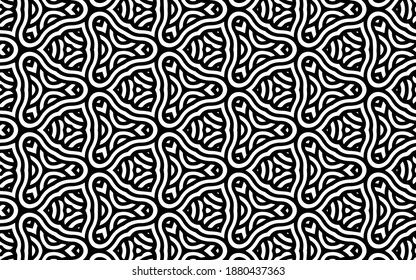 Black white geometric texture with Indian intertwined lines pattern in doodling style for coloring. Ethnic background.
