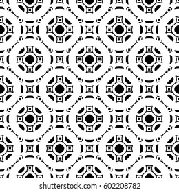 Black and white geometric texture. Stylish design in Arabian style, traditional motif in modern digital rendition. Vector monochrome seamless pattern. Rounded lattice, floral figures, repeat tiles 