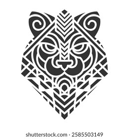 Black and white geometric tiger head illustration featuring tribal patterns, symmetrical shapes, and intricate abstract details. Geometric Tiger Head Tribal Design