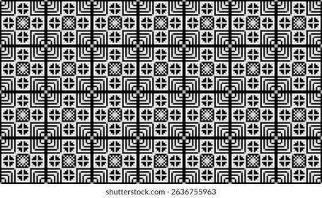 Black and white geometric tile pattern vector with ethnic-inspired motifs and spiral designs. Suitable for classic prints, web backgrounds, or branding assets requiring a clean, structured aesthetic