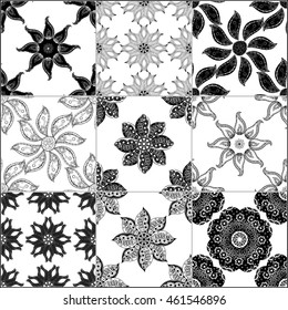 Black and white geometric tiles seamless patterns set, vector