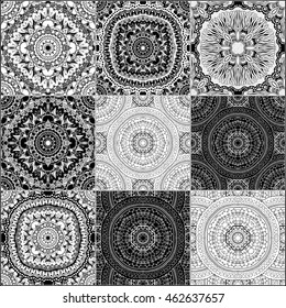 Black and white geometric tiles seamless patterns set, vector