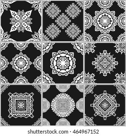 Black and white geometric tiles seamless patterns set, vector