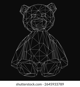 Um urso de brinquedo geométrico preto e branco composto de várias formas e linhas se destaca contra um fundo escuro. O design abstrato apresenta ângulos limpos e contraste impressionante, criando um moderno.