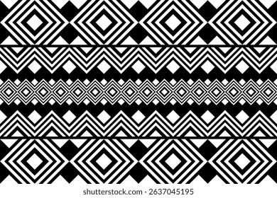 Black and white geometric tribal pattern in a native, African-inspired style. Symmetrical and abstract design suitable for backgrounds, textiles, decor, or graphic projects.

