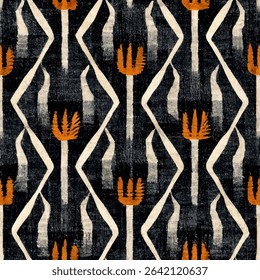Black and white geometric tribal pattern with orange accents, grunge lines ikat pattern, ikat seamless pattern, Vector illustration background for print the paper.