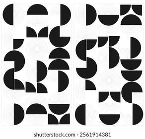 black and white geometric vector, black and white Circles on white background with 3d effects. Trendy and Retro patterns background for cover design, poster and interior