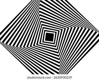 Ilustración vectorial geométrica en blanco y negro con una ilusión óptica de movimiento 3D con líneas rayadas y un diseño de patrones sin fisuras