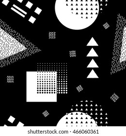 Black and white geometric vector pattern. Form a triangle, a dotted line, a wavy line, a zigzag line, an arrow, a circle. Hipster fashion Memphis style.