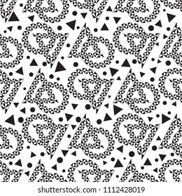 Black and white geometric vector seamless pattern. Ornamental abstract geometry background. Triangles, circles, geometrical shapes and elements. Patterned design. For fabric, textile, printing.