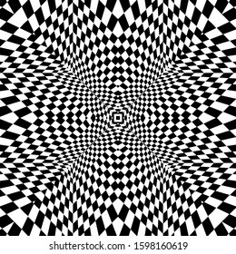 Black and white geometric vector seamless pattern. Checkered plaid background with optical illusion effect. Modern repeat abstract backdrop. Elegant trendy ornate design with radial squares, shapes.