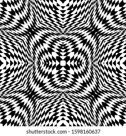 Black and white geometric vector seamless pattern. Checkered plaid background with optical illusion effect. Modern repeat abstract backdrop. Elegant trendy ornate design with radial squares, shapes.