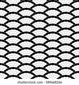 Black and white geometric wave pavement stone mosaic seamless pattern, vector texture