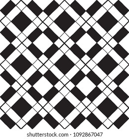 Black and white geometrical abstract background with squares, rhombus cells. Seamless repeat vector pattern. Diagonal mesh, grating, trellis, lattice texture. Slightly uneven hand drawn edges.
