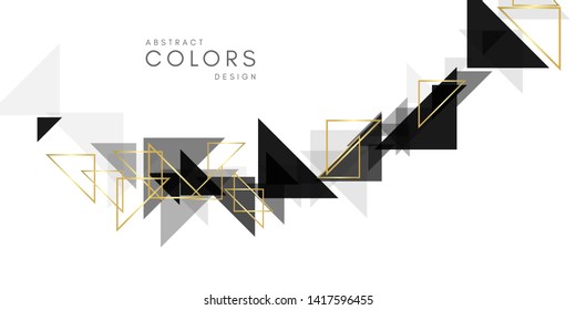Black and white geometrical abstract background. Horizontal banner with decorative monochrome and golden triangle elements.