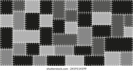 Black and white Geometrical background with stitched peaces of fabric. Design wallpaper print in trendy Geometrical style. Vector illustration can used textile print. EPS 10 Editable stroke