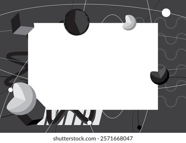 Black and white geometrical graphic retro theme background with place for text. Minimal geometric elements frame. Vintage abstract shapes for advertising.