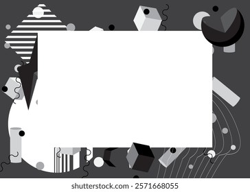 Black and white geometrical graphic retro theme background with place for text. Minimal geometric elements frame. Vintage abstract shapes for advertising.