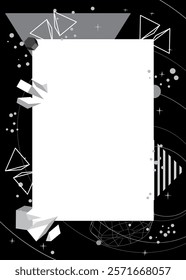 Black and white geometrical graphic retro theme background with place for text. Minimal geometric elements frame. Vintage abstract shapes for advertising.