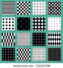 Black and white geometrical patterns design element set on light blue green background with shadows