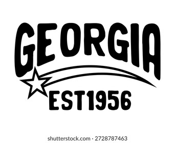 Design de texto Georgia preto e branco no estilo varsity retro. Tipografia atlética com uma estrela cadente e data 'Est 1956'. Perfeito para camisetas, moletons, roupas esportivas e roupas de souvenir.