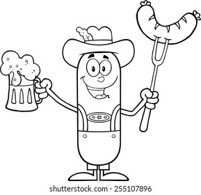 Black And White German Oktoberfest Sausage Cartoon Character Holding A Beer And Weenie On A Fork. Vector Illustration Isolated On White