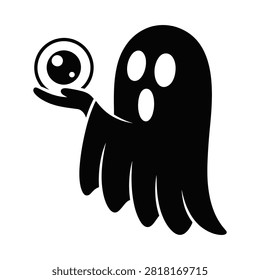 Black and white ghost character with open mouth and eyes, holding a large eyeball. Halloween horror fun. Simple flat vector illustration.