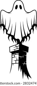 Black and white ghost hovering over a spooky castle tower