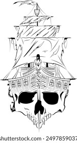 black and white ghost ship illustration.