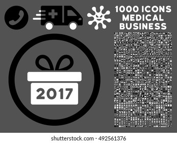 Black And White Gift 2017 Year vector bicolor rounded icon. Image style is a flat icon symbol inside a circle, gray background. Bonus clipart has 1000 medicine business design elements.