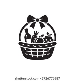 Black and white gift basket icon with wine fruits and vegetables holiday present illustration