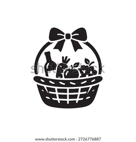 Black and white gift basket icon with wine fruits and vegetables holiday present illustration