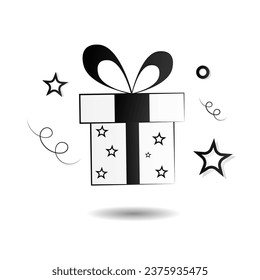 Black and white gift box with additional elements, isolated on a white background. Festive box with stars. Vector pattern in flat style for holiday, Birthday, New Year, Christmas.