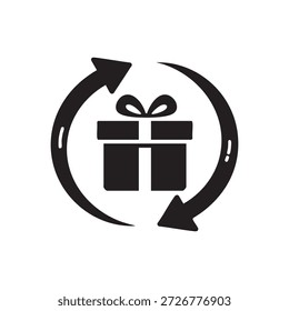 Schwarz-weiße Geschenkbox mit Schleife und kreisförmigen Pfeilen Symbol für Geschenke und Urlaubsgeschenke