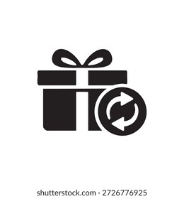 Caja de regalo en blanco y negro con el icono del arco y de las flechas de vuelta para los regalos de vacaciones y el servicio de intercambio