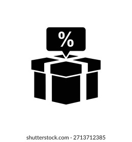Caja de regalo en blanco y negro con icono de burbuja de discurso de descuento para la promoción de la venta