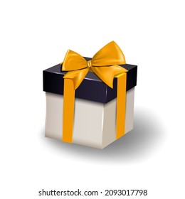 Black white gift box with gold bow. realistic closed present with golden decor angle view, realistic packaging, vector isolated on transparent back
