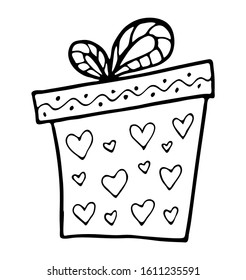 Black and white gift box and hearts in doodle style isolated on white background. Vector stock illustration. Hand drawing line art image for Valentines Day decor.