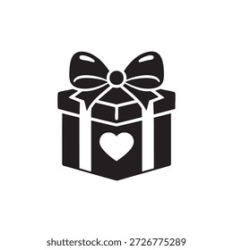 Icono blanco y negro de la caja de regalo con el corazón y el Vector del arco para los regalos y los regalos de vacaciones