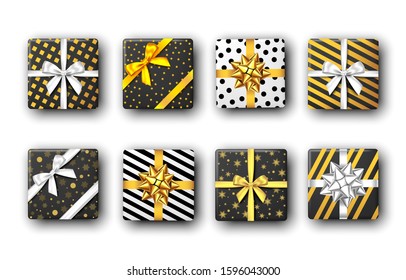 Black and white gift box with silver and golden ribbon and bow, top view. Christmas, New Year party, Happy birthday package design. Present. Vector.