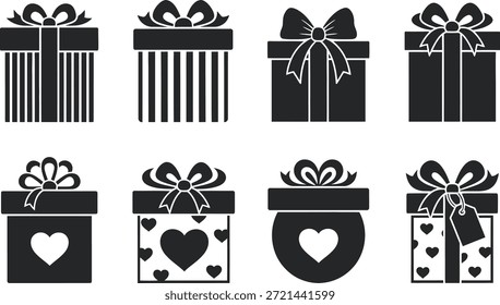 Cajas de regalo en blanco y negro con corazones, lazos y lunares para el día de San Valentín