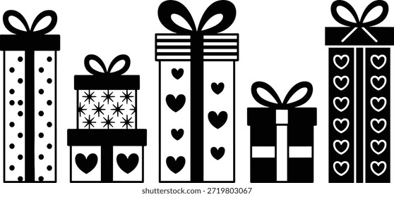 Conjunto de cajas de regalo en blanco y negro. Variedad de regalos envueltos con lazos y patrones.