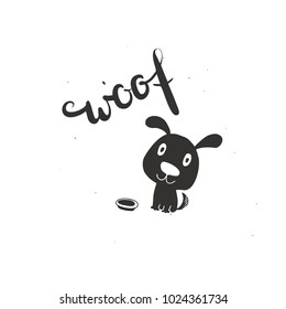 Black and white gift card with a funny cute little puppy sitting near a bowl of food, and a lettering of Woof. Vector illustration, hand-drawn composition on a white background.