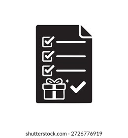 Black and white gift checklist icon vector holiday presents planning and shopping list symbol for Christmas birthday and celebrations
