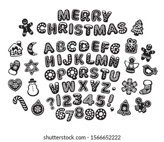 Black and white gingerbread alphabet, letters, numbers and cute traditional holiday cookies. Merry Christmas text made of biscuits. Cartoon hand drawn vector illustration isolated on white background.